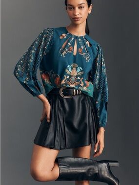 FARM Rio Teal Floral Keyhole Blouse